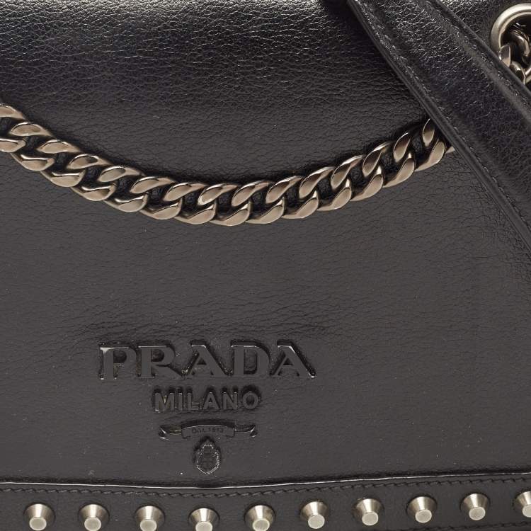 Pre Owned Prada Black Glace Leather Studded Flap Shoulder Bag