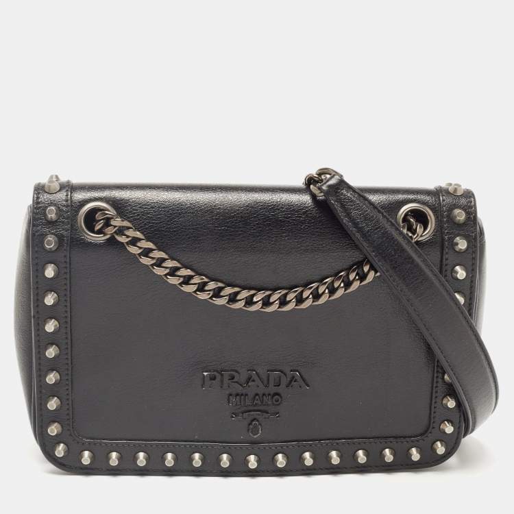 Prada Black Glace Leather Studded Flap Shoulder Bag Prada