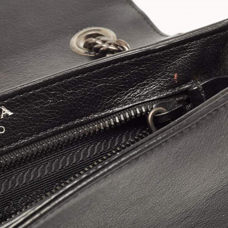 Pre Owned Prada Black Glace Leather Studded Flap Shoulder Bag