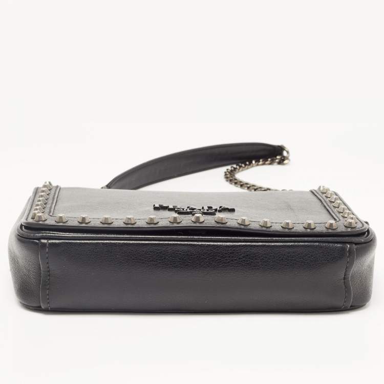 Pre Owned Prada Black Glace Leather Studded Flap Shoulder Bag