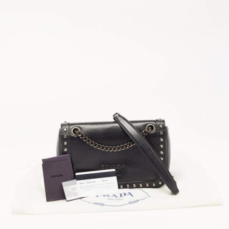 Pre Owned Prada Black Glace Leather Studded Flap Shoulder Bag