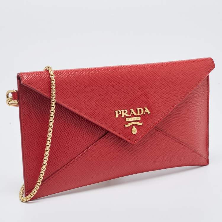 Pre Owned Prada Red Saffiano Leather Envelope Wristlet Clutch 