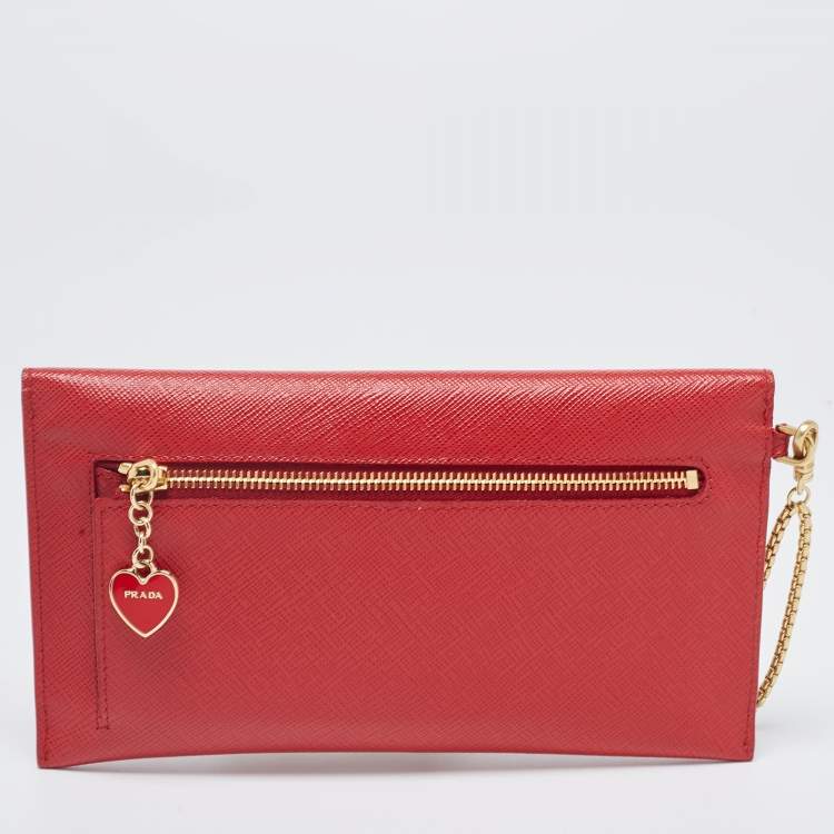 Pre Owned Prada Red Saffiano Leather Envelope Wristlet Clutch 