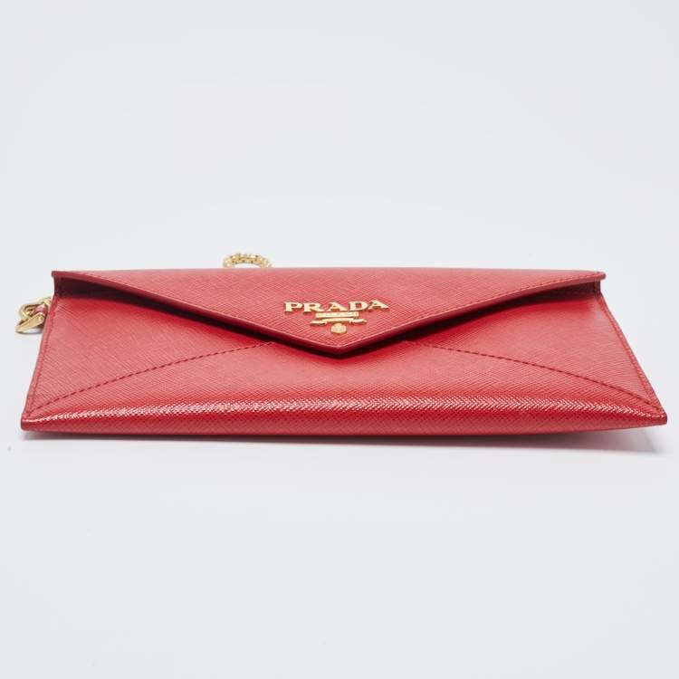 Pre Owned Prada Red Saffiano Leather Envelope Wristlet Clutch 