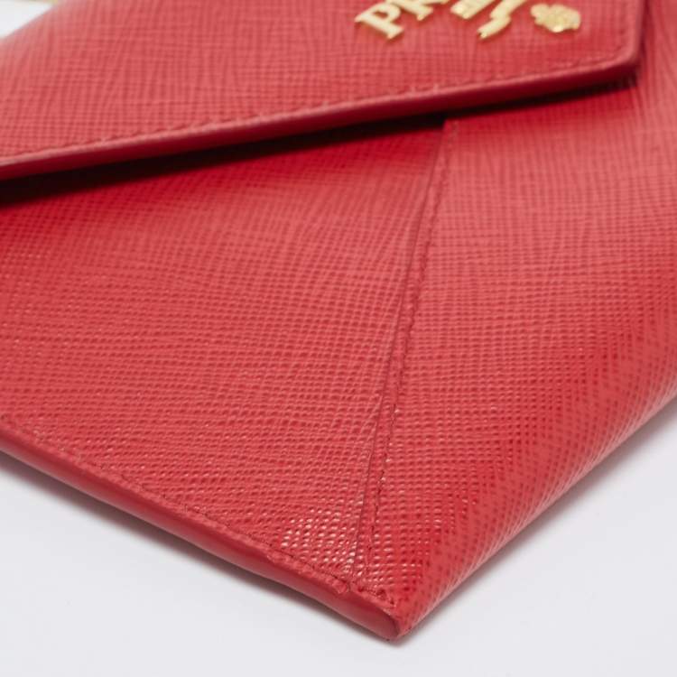 Pre Owned Prada Red Saffiano Leather Envelope Wristlet Clutch 
