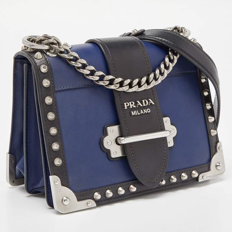 Pre Owned Prada Blue/Black Leather Cahier Studded Shoulder Bag
