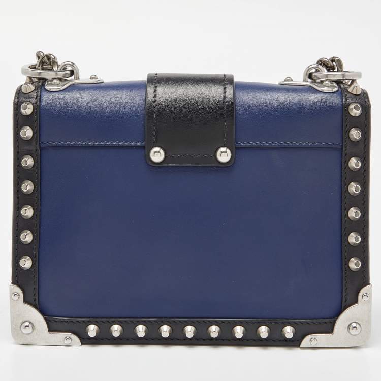Pre Owned Prada Blue/Black Leather Cahier Studded Shoulder Bag