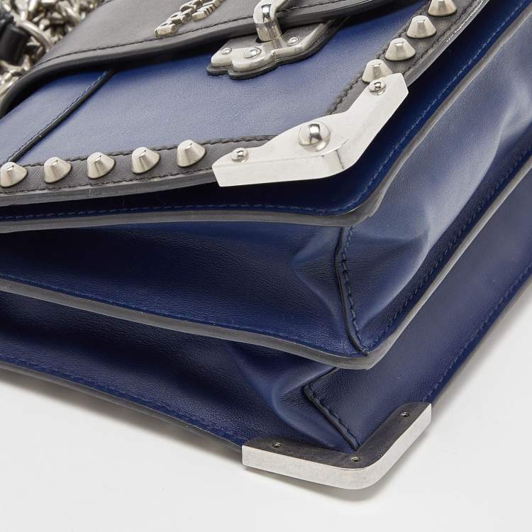 Pre Owned Prada Blue/Black Leather Cahier Studded Shoulder Bag