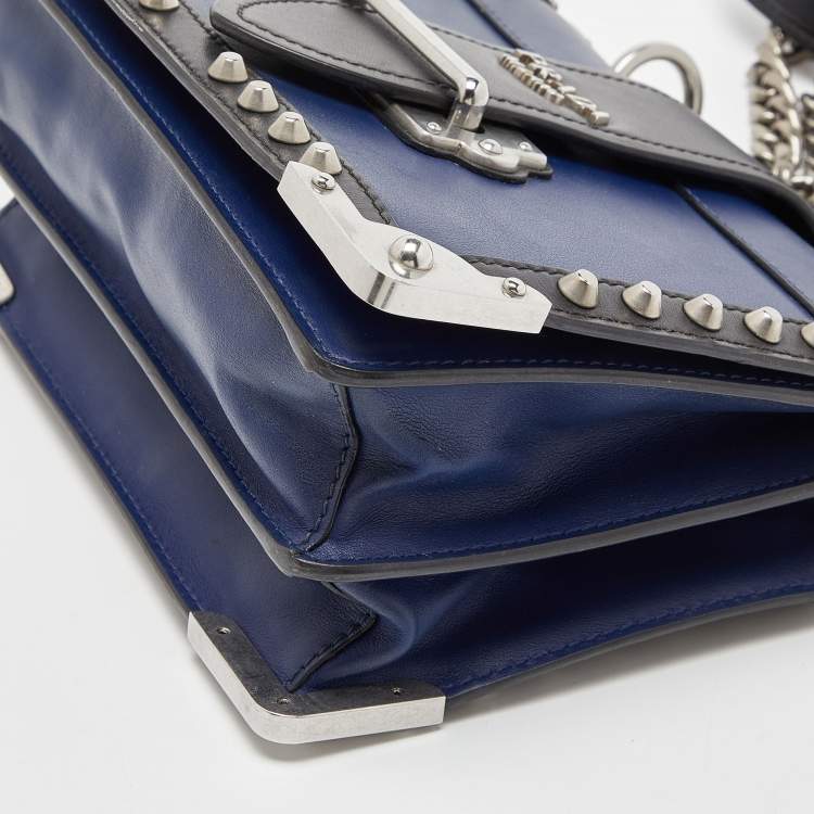 Pre Owned Prada Blue/Black Leather Cahier Studded Shoulder Bag
