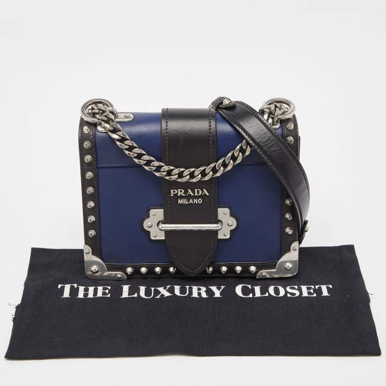 Pre Owned Prada Blue/Black Leather Cahier Studded Shoulder Bag