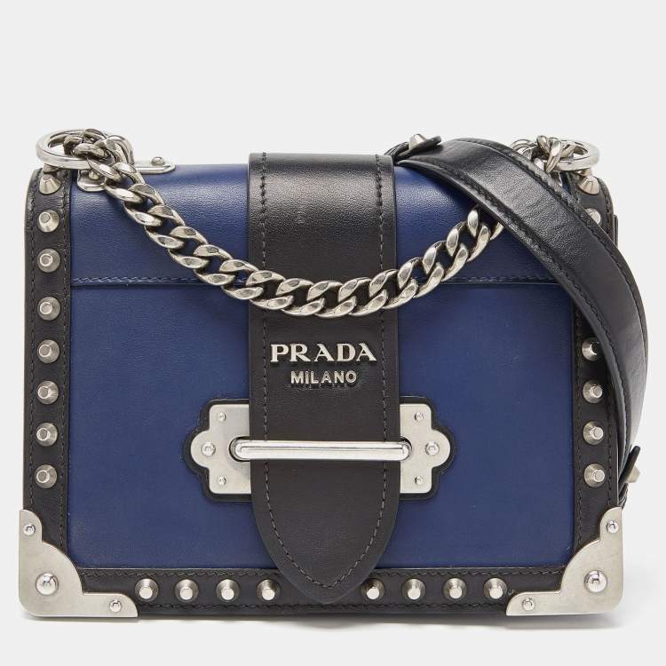 Prada Blue/Black Leather Cahier Studded Shoulder Bag For Sale at