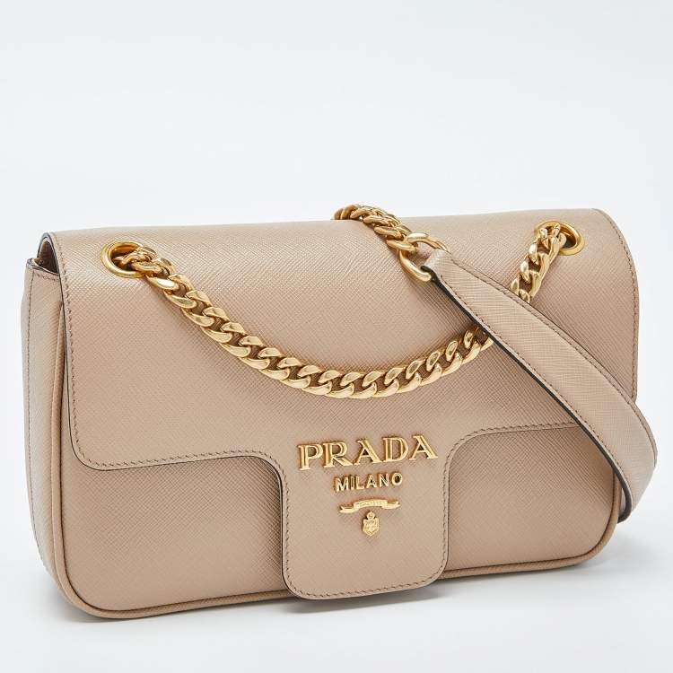 Pre Owned Prada Beige Saffiano Leather Flap Crossbody Bag 