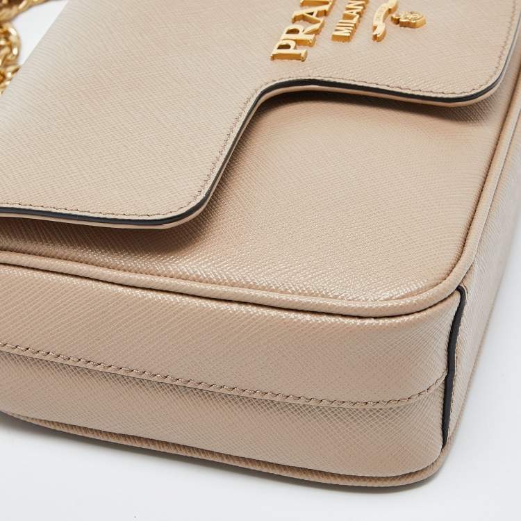 Pre Owned Prada Beige Saffiano Leather Flap Crossbody Bag 