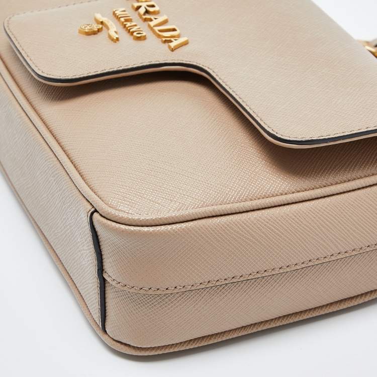 Pre Owned Prada Beige Saffiano Leather Flap Crossbody Bag 