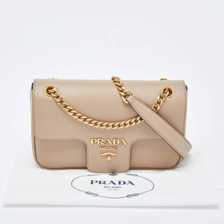 Pre Owned Prada Beige Saffiano Leather Flap Crossbody Bag 