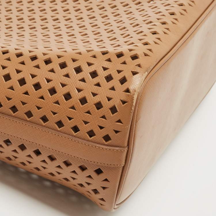 Pre Owned Prada Tan Lasercut Saffiano Leather Open Tote