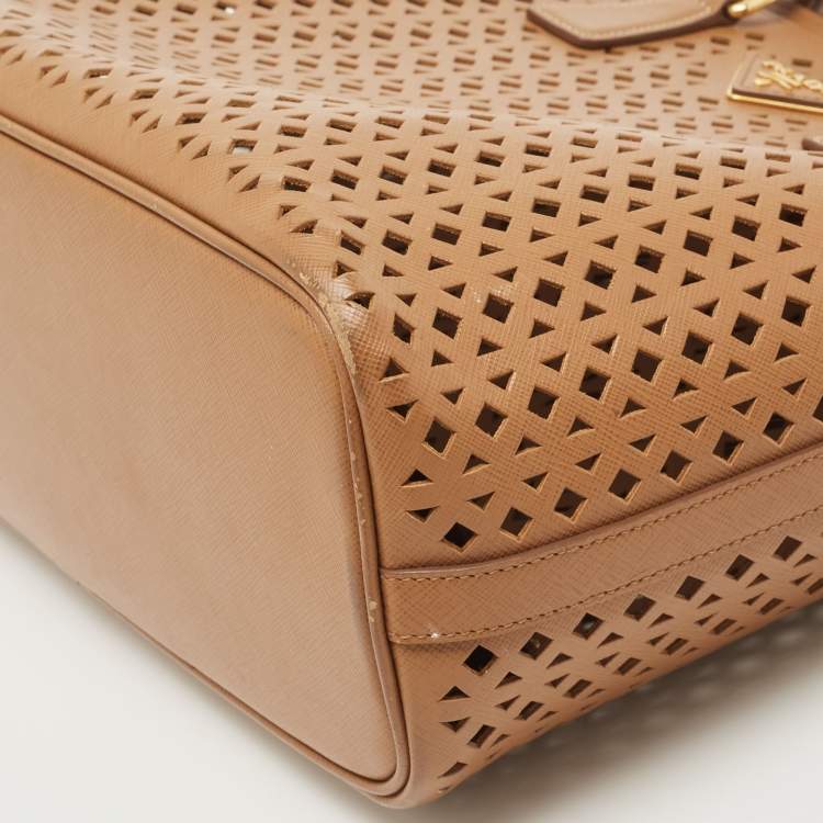Pre Owned Prada Tan Lasercut Saffiano Leather Open Tote