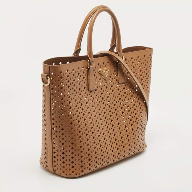 Pre Owned Prada Tan Lasercut Saffiano Leather Open Tote