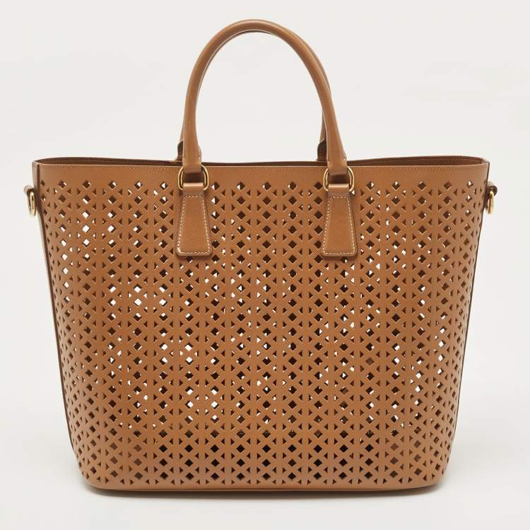 Pre Owned Prada Tan Lasercut Saffiano Leather Open Tote