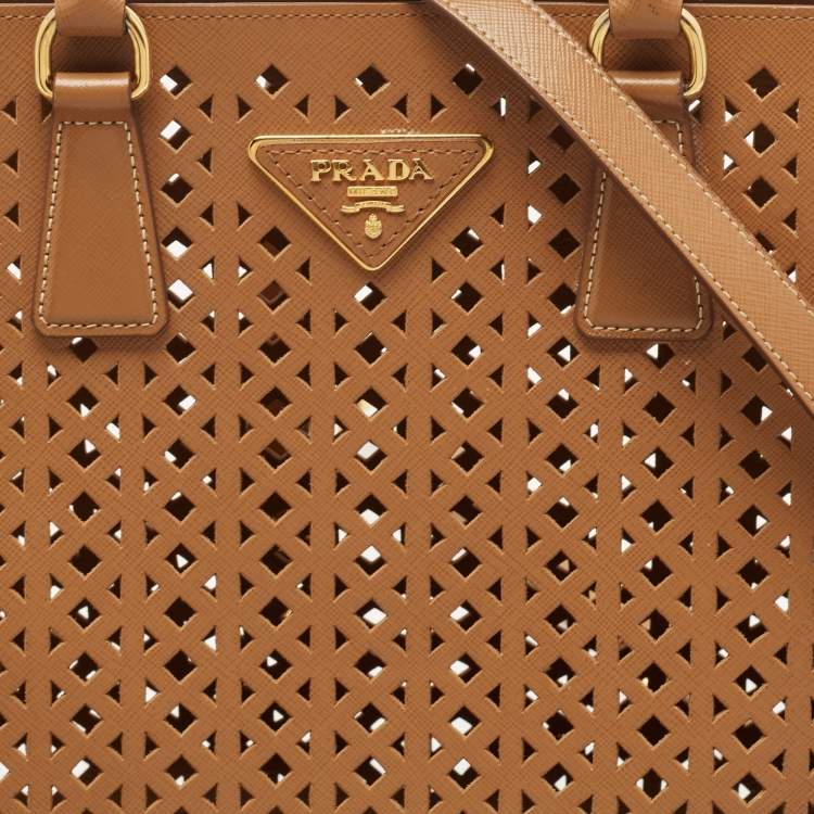 Pre Owned Prada Tan Lasercut Saffiano Leather Open Tote