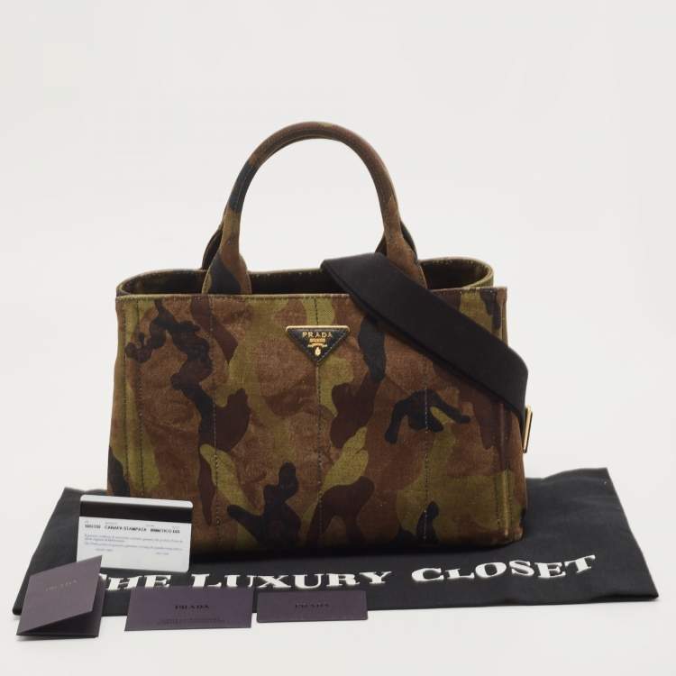 Pre Owned Prada Khaki Green Camouflage Canvas Open Tote