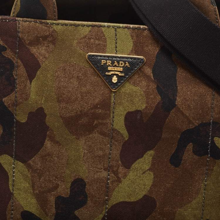 Pre Owned Prada Khaki Green Camouflage Canvas Open Tote