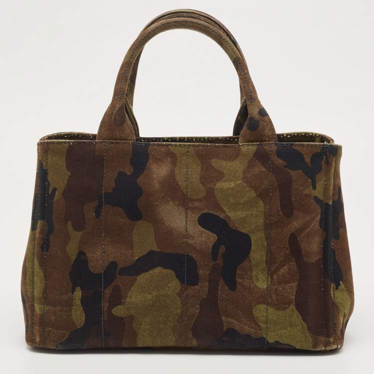 Pre Owned Prada Khaki Green Camouflage Canvas Open Tote