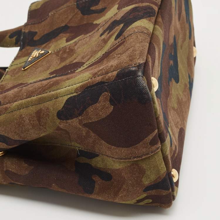 Pre Owned Prada Khaki Green Camouflage Canvas Open Tote