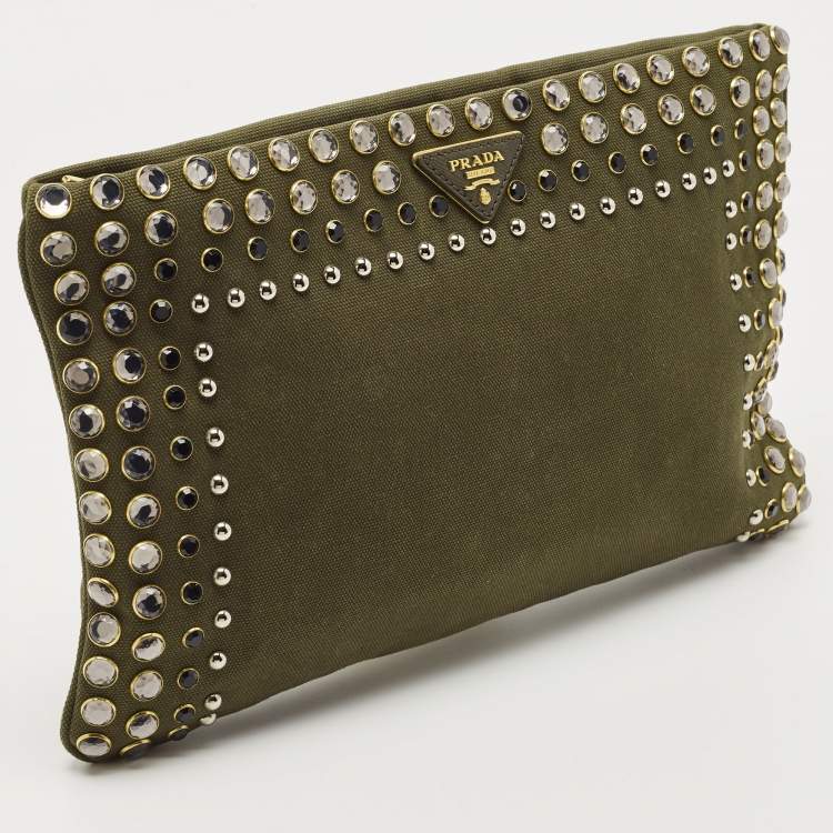 Pre Owned Prada Military Green Canvas Crystal Embellished Zip Pouch