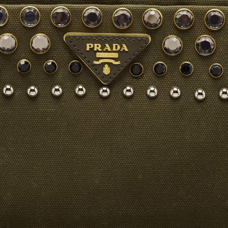 Pre Owned Prada Military Green Canvas Crystal Embellished Zip Pouch