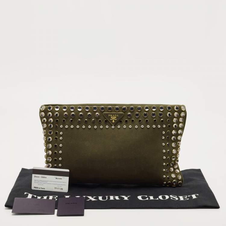 Pre Owned Prada Military Green Canvas Crystal Embellished Zip Pouch