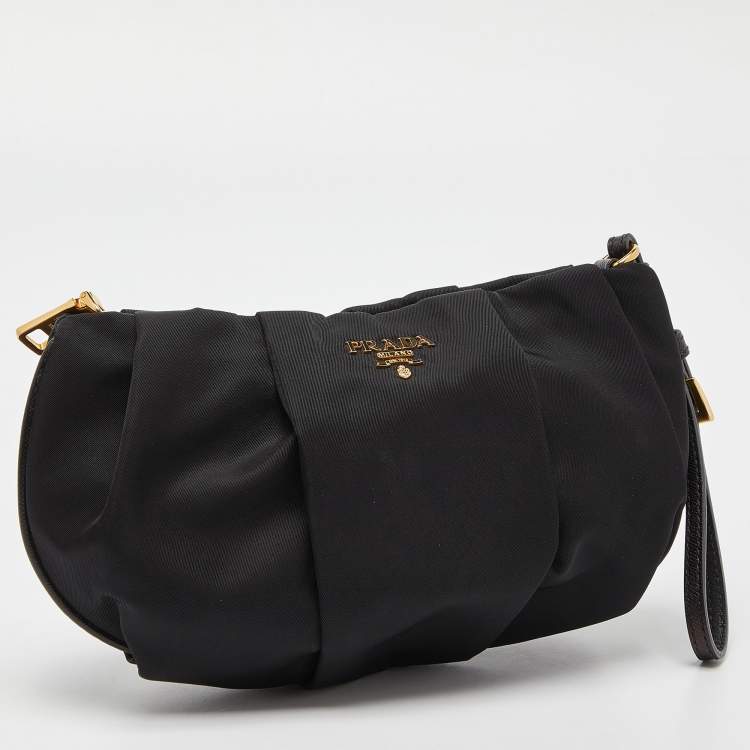 Pre Owned Prada Black Pleated Nylon Wristlet Clutch