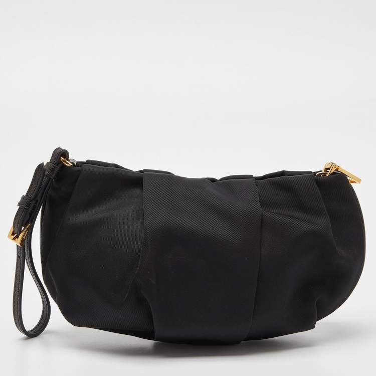 Pre Owned Prada Black Pleated Nylon Wristlet Clutch