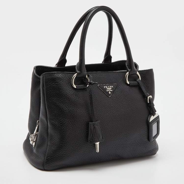 Pre Owned Prada Black Vitello Daino Leather Medium Zip Around Convertible Tote 