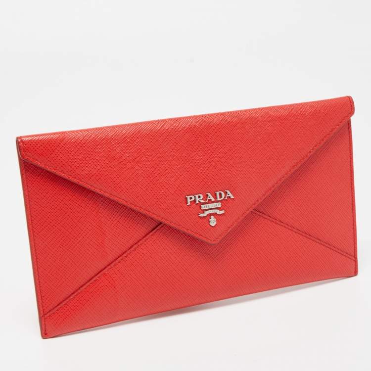Pre Owned Prada Red Saffiano Leather Envelope Wallet