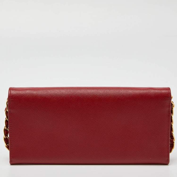 Pre Owned Prada Red Saffiano Metal Leather Wallet On Chain