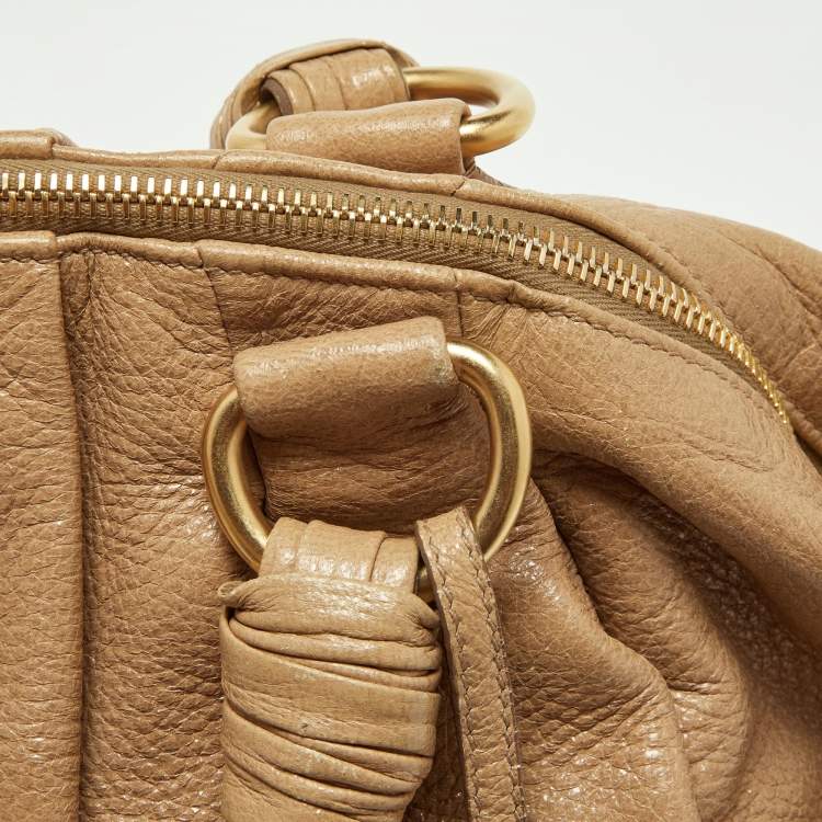 Pre Owned Prada Beige Shine Leather Zip Hobo