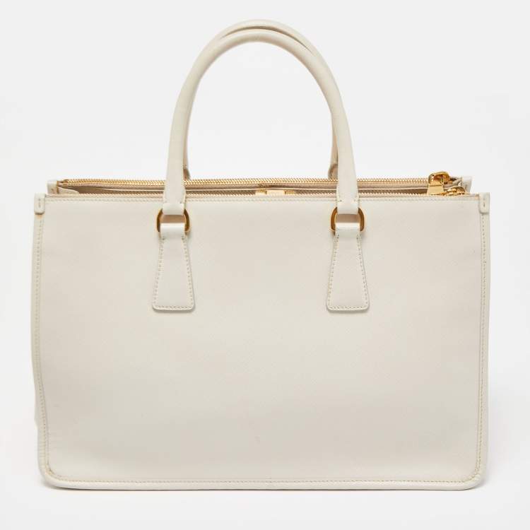 Pre Owned Prada White Saffiano Lux Leather Frame Tote