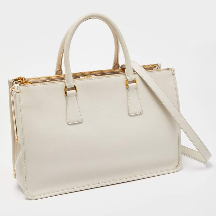 Pre Owned Prada White Saffiano Lux Leather Frame Tote