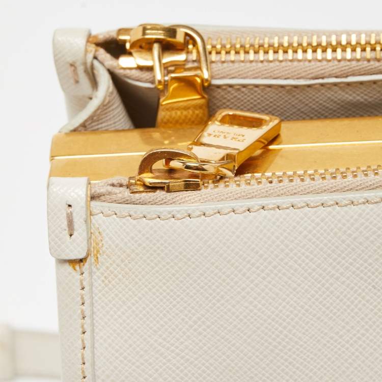 Pre Owned Prada White Saffiano Lux Leather Frame Tote
