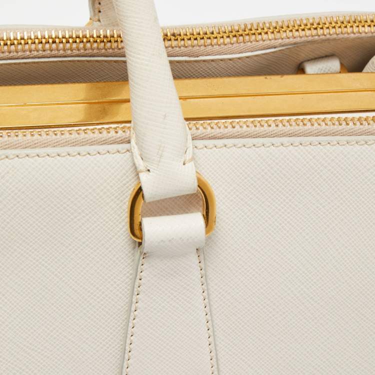 Pre Owned Prada White Saffiano Lux Leather Frame Tote