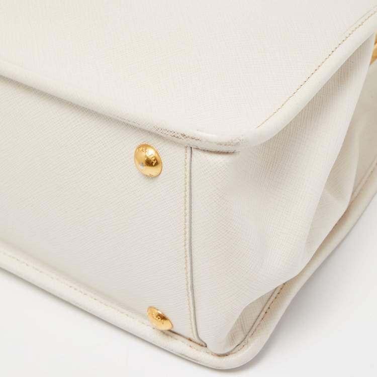 Pre Owned Prada White Saffiano Lux Leather Frame Tote