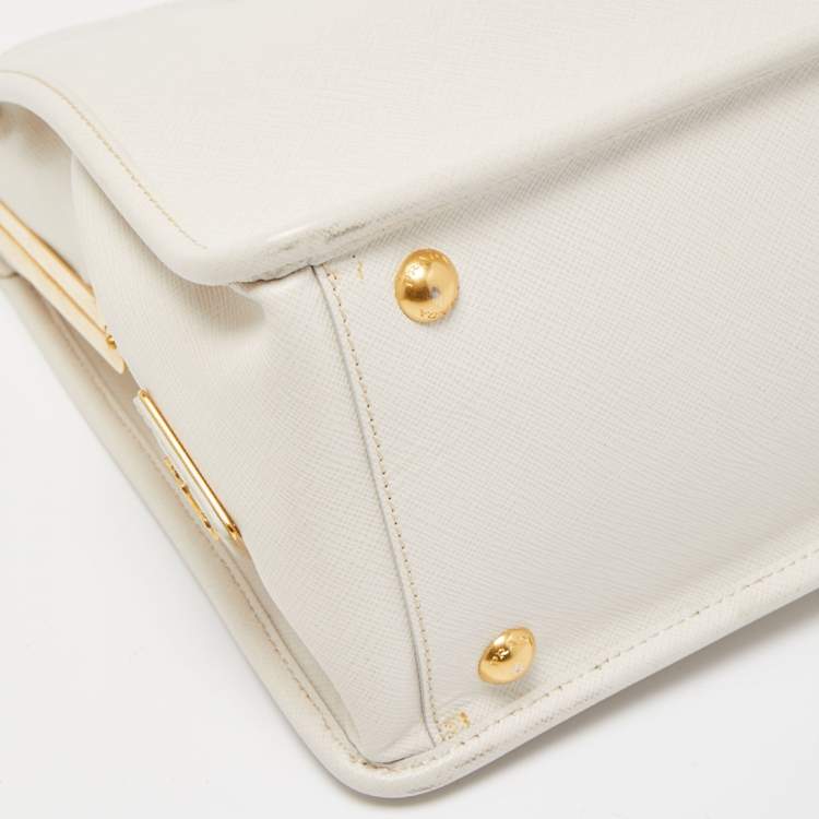 Pre Owned Prada White Saffiano Lux Leather Frame Tote