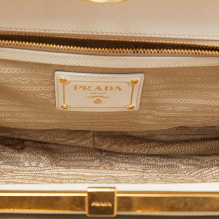 Pre Owned Prada White Saffiano Lux Leather Frame Tote