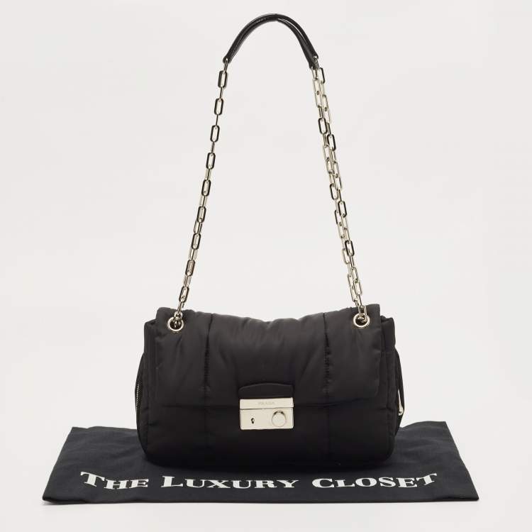 Pre Owned Prada Black Quilted Nylon Bomber Chain Shoulder Bag