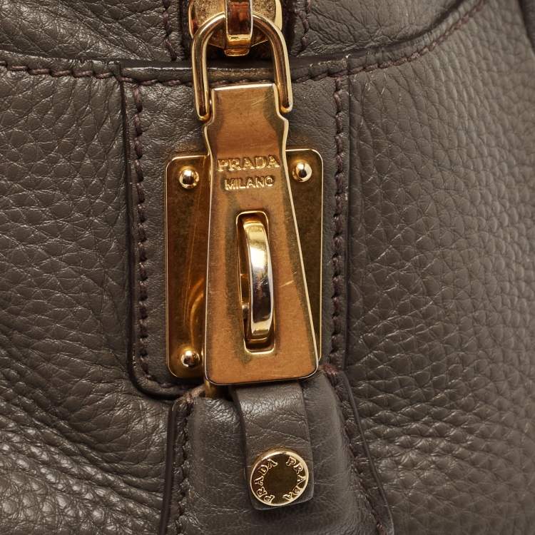 Pre Owned Prada Dark Grey Vitello Daino Leather Bauletto Bag