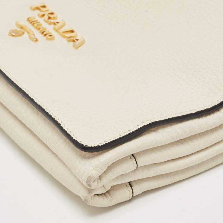 Pre Owned Prada Off White Leather Flap Crossbody Bag
