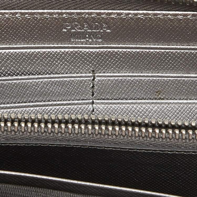 Pre Owned Prada Silver Saffiano Lux Leather Zip Around Wallet