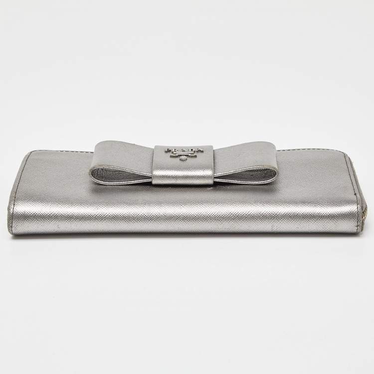 Pre Owned Prada Silver Saffiano Lux Leather Zip Around Wallet