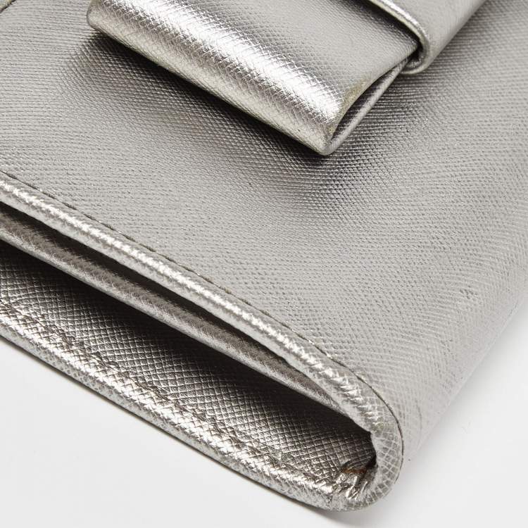 Pre Owned Prada Silver Saffiano Lux Leather Zip Around Wallet